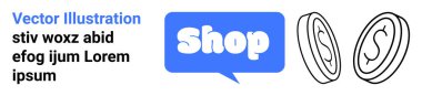 Dükkan metniyle mavi konuşma balonu ve beyaz arka planda dolar işaretli iki bozuk para, e-ticaret için uygun online alışveriş dijital işlemleri ve perakende web siteleri indirme Banner