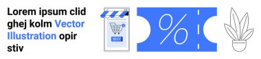 A blue and white vector of a smartphone with a shopping cart icon, a discount coupon symbol, and a plant. Ideal for online shopping, e-commerce, discounts, promotions, mobile apps. Banner for landing clipart