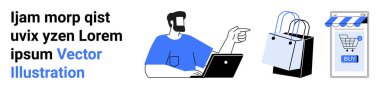 Alışveriş çantalarını ve dijital mağazayı gösteren bir laptop kullanan bir adam. E-ticaret, online alışveriş, dijital pazarlama, web tasarımı, müşteri ilişkileri için ideal. İniş sayfası için pankart