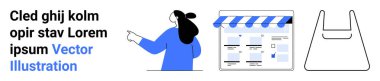 Bir web sitesi arayüzü ve alışveriş poşeti ikonunu gösteren bir kişi. Çevrimiçi alışveriş, kullanıcı etkileşimi, web sitesi tasarımı, e-ticaret, dijital pazarlama için ideal. İniş sayfası için pankart