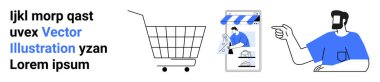Mobil uygulama ve alışveriş arabasını işaret eden bir adam. Çevrimiçi alışveriş, mobil uygulamalar, dijital pazarlama, kullanıcı deneyimi ve ecommerce temaları için idealdir. İniş sayfası için pankart