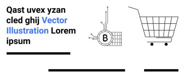 Yer tutucu metin ve devrelere bağlı Bitcoin sembolü, bir alışveriş arabasının yanında. Kripto para birimi, e-ticaret, dijital finans, online alışveriş ve engelleme teknolojisi temaları için ideal. Pankart