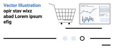 Shopping cart alongside an analytics dashboard with graphs and charts. Ideal for e-commerce, data analysis, business strategy, market research, digital marketing. Banner for landing page clipart