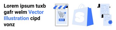 Alışveriş arabası simgeleri ve satın alma düğmesi olan mobil bir cihaz S logosu olan bir alışveriş çantası ve işaretli belgeler. Çevrimiçi alışveriş, e-ticaret, dijital işlemler, perakende pazarlama için ideal