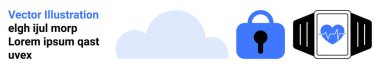 Bir bulut, mavi bir asma kilit ve kalp atış sembollü bir akıllı seğirme. Güvenlik, veri depolama, sağlık teknolojisi, giyilebilir cihazlar ve teknoloji için ideal. İniş sayfası için pankart