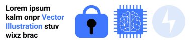 Mavi kilit, beyin entegre devresi ve daireler çizen yıldırım. Siber güvenlik, yapay zeka, veri koruması, teknoloji ve yenilik temaları için idealdir. İniş sayfası için pankart