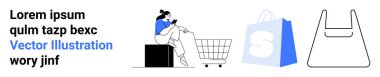 Akıllı telefonu olan biri alışveriş arabasının yanında bir kutuda oturuyor mavi alışveriş çantası ve plastik çanta taslağı. E-ticaret, online alışveriş, dijital pazarlama, perakende satış, mobil uygulamalar için ideal. İniş sayfası
