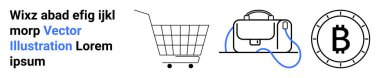 Şık bir çanta ve Bitcoin sembolünün yanında bir alışveriş arabası. Çevrimiçi alışveriş, kripto para birimi, e-ticaret, fintech ve dijital cüzdanlar için ideal. İniş sayfası için pankart