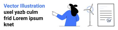 Rüzgar türbini ve belgeye bakan kadın. Yenilenebilir enerji, çevre koruma, sürdürülebilirlik, temiz enerji farkındalığı, eğitim içeriği için idealdir. İniş sayfası için pankart