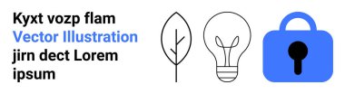 Shows a leaf, lightbulb, and padlock icon alongside placeholder text in black and blue. Ideal for technology, sustainability, security, innovation, and web design. Banner for landing page clipart