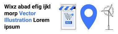 Satın alma düğmeli mobil alışveriş uygulaması, mavi bir lokasyon iğnesi ve rüzgar türbini e-ticareti, navigasyon ve temiz enerjiyi vurguluyor. Dijital pazarlama, e-ticaret, teknoloji ve navigasyon için ideal