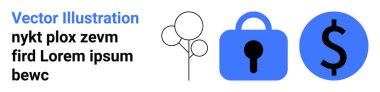 Mavi dolar işareti, anahtar delikli mavi kilit ve finansal güvenlik, online bankacılık, güvenli ödemeler, veri koruması, finansal hizmetler için siyah idealdeki soyut ağaç benzeri şekiller. İniş afişi
