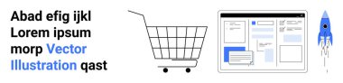Metni, web sitesi düzeni ve roket fırlatması olan modern alışveriş arabası. E-ticaret, web sitesi tasarımı, dijital pazarlama, online alışveriş ve teknoloji girişimleri için ideal. İniş sayfası için pankart