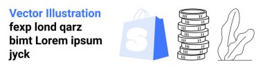 Tasarımda mavi bir alışveriş çantası, bir yığın bozuk para ve örnek metni olan minimalist bir bitki yer alıyor. Çevrimiçi alışveriş, finans, ecommerce, pazarlama ve iş büyümesi için ideal. İniş sayfası