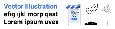 Çevrimiçi alışveriş elemanları ve akıllı telefon ekranında alışveriş arabası olan yenilenebilir enerji ikonları. E-ticaret, sürdürülebilirlik, yeşil enerji, teknoloji ve modern iş için ideal. Pankart