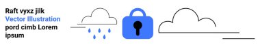 İki bulut ve yağmur damlası arasındaki anahtar deliğiyle kilitle. Veri güvenliği, bulut bilgisayarı, bilgi koruması, çevrimiçi mahremiyet, ağ güvenliği için ideal. İniş sayfası için pankart