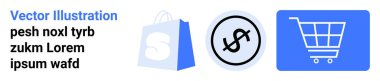 Alışveriş ve finans için mavi ve siyah renkli üç simge. Biri bir alışveriş çantası, diğeri bir dolar işareti ve son ikon da bir alışveriş arabası. E-ticaret, online alışveriş, perakende satış için ideal.