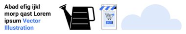 Su kovası, alışveriş arabalı akıllı telefon ve bulut. E-ticaret için ideal, çevrimiçi iş büyümesi, bulut teknolojisi, alışveriş uygulamaları, dijital pazarlama. İniş sayfası için pankart