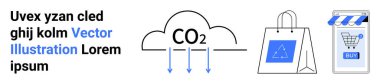 Karbondioksit yayan bulut, çevre dostu alışveriş torbası ve online alışverişte karbon ayak iziyle ilgili online alışveriş arabası. Sürdürülebilirlik, e-ticaret, karbon azaltma, yeşil ambalaj için ideal