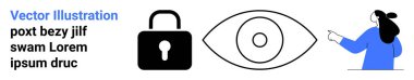Kilit sembolü güvenliği simgeler, göz de gözetlemeyi simgeler ve bir kişi kullanıcıların dikkatini çeker. Siber güvenlik, gizlilik, gözetleme, teknoloji ve çevrimiçi güvenlik için ideal. Pankart