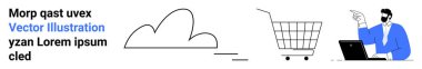 Bulut resmi, alışveriş arabası ikonu ve dizüstü bilgisayarı olan biri. Teknoloji, e-ticaret, bulut hesaplama, çevrimiçi iş, dijital pazarlama için ideal. İniş sayfası için pankart