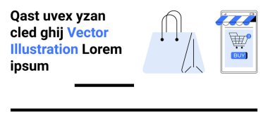 Alışveriş çantası ve satın alma düğmeli cep telefonu. Çevrimiçi alışveriş, e-ticaret, mobil alışverişler, dijital pazarlama, perakende işi için ideal. Metin alanı olan minimalist tasarım. İniş sayfası için pankart