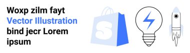 Mavi alışveriş çantası, yıldırımlı ampul, roket. E-ticaret, teknoloji, yenilik, girişimler, uzay keşfi için idealdir. İniş sayfası