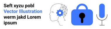 İnsan kafası, teçhizat, dijital kilit ve mikrofon. Yapay zeka teknolojisi, siber güvenlik, ses tanıma, dijital dönüşüm ve veri koruma kavramları için idealdir. İniş sayfası için pankart
