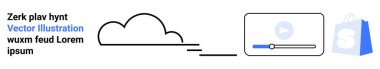 Satırlarla çizilmiş basit bulut simgesi, bir çalma düğmesi ve ilerleme çubuğuna komşu bir ortam oynatıcı arayüzünün yanı sıra teknoloji ve ortam için mavi bir alışveriş poşeti simgesi ve örnek metin ideali ile birlikte