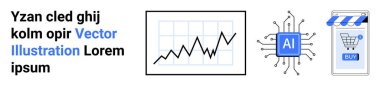 Geliştirme grafiğinin yanında gelişigüzel kelimeler ve mavi dönem vektör illüstrasyonlu metin bloğu bir mikroçip, yapay zeka etiketi ve bir akıllı telefon teknoloji e-ticaret yapay zekası için ideal bir online alışveriş arabası sergiliyor.