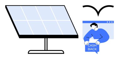Güneş paneli para çekme işareti alan kişinin görüntüsünün yanında duruyor. Yenilenebilir enerji, çevre dostu girişimler, finansal teşvikler, sürdürülebilirlik, temiz enerji için idealdir. Basit modern biçim