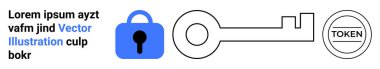 Mavi bir kilit, siyah bir anahtar ve üzerinde TOKEN yazan dairesel bir jeton. Siber güvenlik, şifreleme, erişim kontrolü, dijital kimlik doğrulama ve güvenli jetonlar için ideal temalar. İniş sayfası için pankart