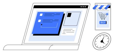 Çevrimiçi alışveriş arayüzü olan bir dizüstü bilgisayar, alışveriş arabası ikonu olan mobil bir uygulama ve bir saat gösteren dijital bir sahne. Ekommerce, dijital pazarlama, çevrimiçi perakende, zaman yönetimi için ideal