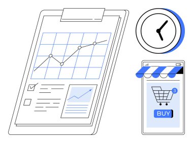 Clipboard with graph and checklist, clock, and smartphone displaying a shopping cart and buy button. Ideal for e-commerce, business growth, data analysis, productivity and time management, mobile clipart