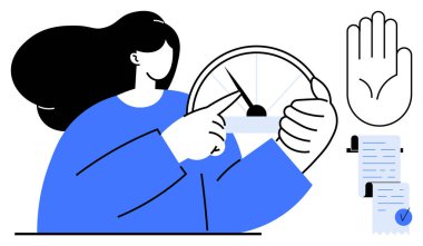 Hız göstergesi gösteren bir kadın, hız ölçümü ya da verimliliği gösteriyor. El hareketi durmayı ya da uyarıyı simgeliyor. Son teslim tarihleri ve görevleri vurgulayan kontrol listesi olan belgeler. Zaman için ideal