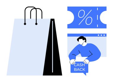 İçinde yüzde işareti olan bir indirim kuponunun yanında bir de nakit bildirimi olan bir alışveriş torbası. İndirim, e-ticaret, online alışveriş, nakit geri ödeme teşvikleri, satışlar için ideal