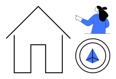 Yukarıyı gösteren mavili bir kişi ve içinde mavi bir roket olan dairesel bir amblem. Ev yapımı, mimari, tasarım, gayrimenkul ve yenilik temaları için ideal. Modern