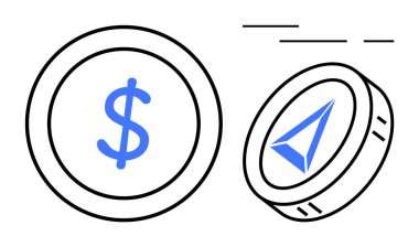 Benzersiz sembolleri olan iki sikke. Birinde dolar işareti var, diğerinde ise soyut üçgen tasarımı. Dijital para birimi, kripto para birimi, finans, teknoloji ve ekonomik temalar için ideal. Basit.