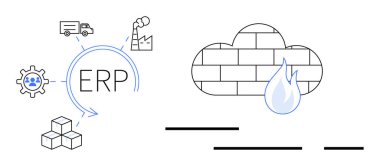 Ekipman ikonu, kamyon, fabrika ve kutularla ERP sistemi grafikleri. Su damlası olan bitişik bulut. Ticari yönetim yazılımı, lojistik, envanter, üretim süreçleri ve veri için ideal