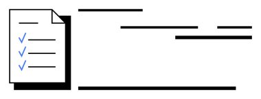 Üç mavi işaretli belge ve yatay siyah çizgiler. Altı çizili metin satırları sağa. Organizasyon planlama, görev yönetimi verimliliği için ideal. Minimalist