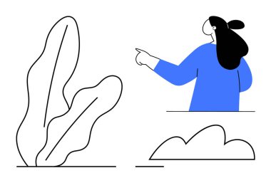 Siyah saçlı ve mavi elbiseli birini işaret ediyor. Yanında soyut yaprak ve siyah bulutlar var. Eğitim, sunum slaytları, çevre bilinci, minimalist tasarımlar için ideal