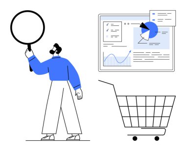 Elinde büyüteç tutan bir adam, boş bir alışveriş arabasının yanında grafikleri ve çizelgeleri gösteren büyük bir ekranı inceliyor. İş analizi, e-ticaret, veri görselleştirme, piyasa araştırması için ideal