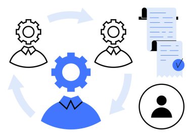Oklarla birbirine bağlı üç dişli başı takım çalışması ve işbirliğini temsil ediyor. İşaretli bir belge görev yönetimini öneriyor. Takım çalışması, proje yönetimi ve iş akışı için ideal