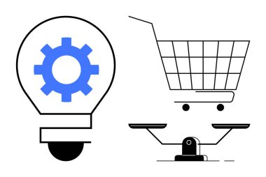 Teçhizatlı ampul yeniliği simgeler, alışveriş arabası ticareti simgeler ve ölçek dengeyi simgeler. İş, teknoloji, perakende satış, verimlilik ve e-ticaret temaları için ideal. Basit satır sanatı