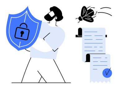 Kilit simgesi olan bir kalkan tutan kişi. Yakınlarda üzerinde mavi mühür ve böcek olan bir belge var. Siber güvenlik veri koruma gizlilik politikası için ideal çevrimiçi güvenlik uyumluluğu ve veri yönetimi