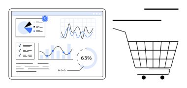 Satış verileri, pasta grafikleri, çizgi grafikleri ve alışveriş arabası olan dijital pazarlama paneli. İş analizi, ekommerce, mali raporlar, piyasa araştırmaları ve satış stratejileri için idealdir. Modern