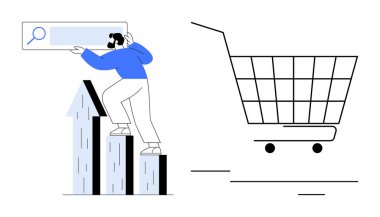 Arama kutusuyla çubuk grafiğine tırmanan kişi. Alışveriş arabası sağda. İş büyümesi için ideal, dijital pazarlama, e-ticaret, web geliştirme, online alışveriş. Minimalist ve modern stil