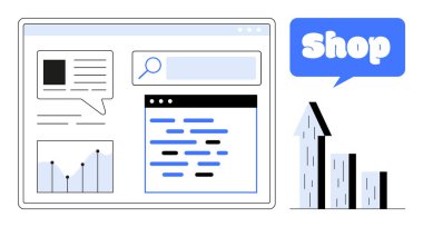 Arama çubuğu, veri tablosu ve metin elemanlarıyla basitleştirilmiş bir web sayfası. Dükkan metni ve büyüme grafiğinin bulunduğu konuşma balonu e-ticaret başarısını temsil ediyor. Çevrimiçi alışveriş ve iş büyümesi için ideal
