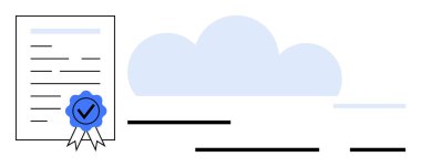 Sertifikalı bir belge, işaret, kurdele ve bulut ile basit düz tasarım. Dijital güvenlik, çevrimiçi sertifika, bulut depolama, veri yönetimi ve belge doğrulama için ideal