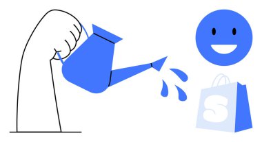 Sulama suyu tutan bir el, gülümseyen bir yüz ve alışveriş çantası görünürken su dökebilir. Büyüme kavramları için ideal müşteri memnuniyetini beslemek yaratıcılığı ve olumlu duyguları desteklemek. Basit.